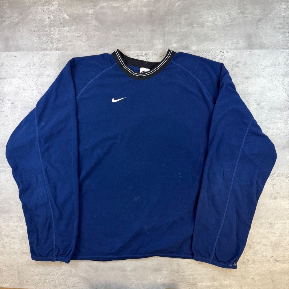 Vintage Nike Fleece Pullover Sweatshirt Navy Blue Striped Trim XL 90s Swoosh‎